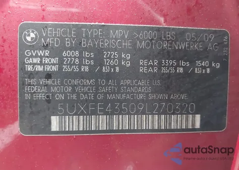 2009 BMW X5 xDrive30I из США, поврежденный, VIN 5UXFE43509L270320